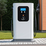 ** A modern electric vehicle charging station in a residential area. Show a safe installation with a visible FI-Schutzschalter (Type B) and Überspannungsschutz. Emphasize the safety aspects with a qualified electrician working on the installation. The style should be realistic and focused on home safety.

**