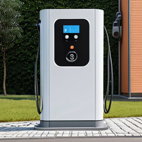 Home 23 ** A modern electric vehicle charging station in a residential area. Show a safe installation with a visible FI-Schutzschalter (Type B) and Überspannungsschutz. Emphasize the safety aspects with a qualified electrician working on the installation. The style should be realistic and focused on home safety.
**