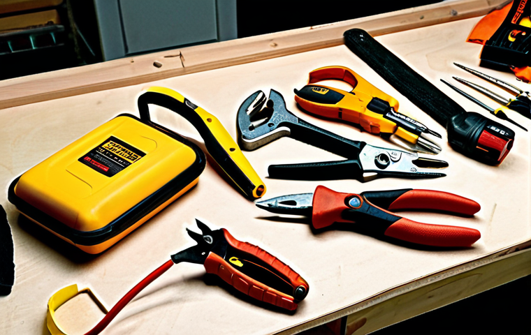 **
A tradesman's workshop, focusing on hand tools like a screwdriver set, pliers, and wire strippers, alongside safety glasses and work gloves. The scene should convey a practical, hands-on approach to electrical work, emphasizing the importance of having the right tools for the job. Lighting should be bright and functional, highlighting the tools and safety equipment.
**