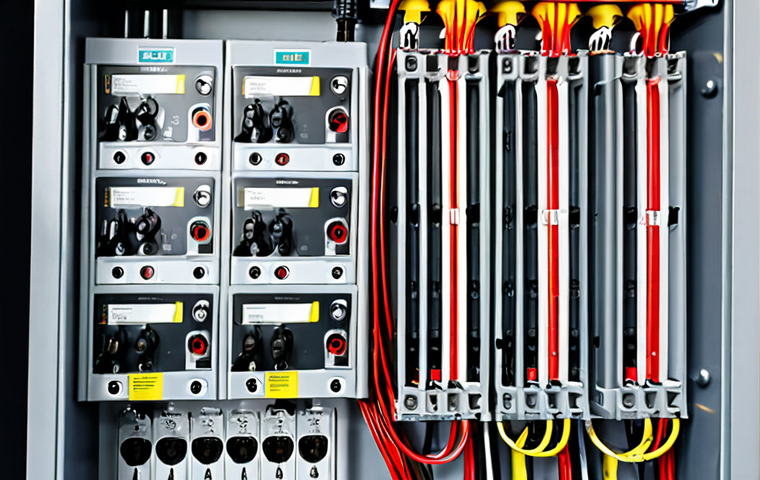 **A modern electrical distribution box (Sicherungskasten) with surge protection (Überspannungsschutz), highlighting the clean and organized wiring. Focus on the surge arresters (Überspannungsableiter) and the overall safety features. Shot should be well-lit and professional.**