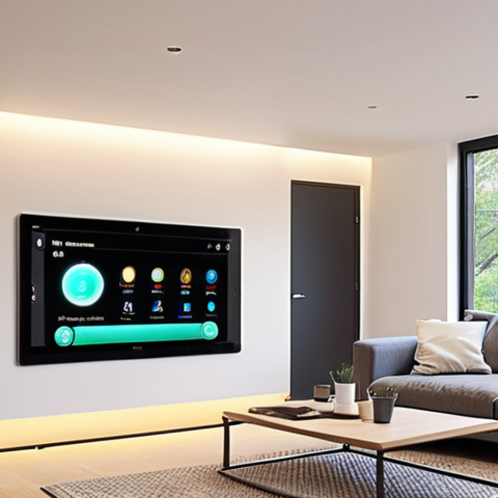 **Image:** A modern smart home interior. Show a living room with integrated smart lighting, a smart thermostat display, and voice-controlled devices. Emphasize energy efficiency with solar panel monitoring on a tablet screen. The style should be clean, minimalist, and technologically advanced.
