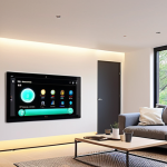 **Image:** A modern smart home interior. Show a living room with integrated smart lighting, a smart thermostat display, and voice-controlled devices. Emphasize energy efficiency with solar panel monitoring on a tablet screen. The style should be clean, minimalist, and technologically advanced.