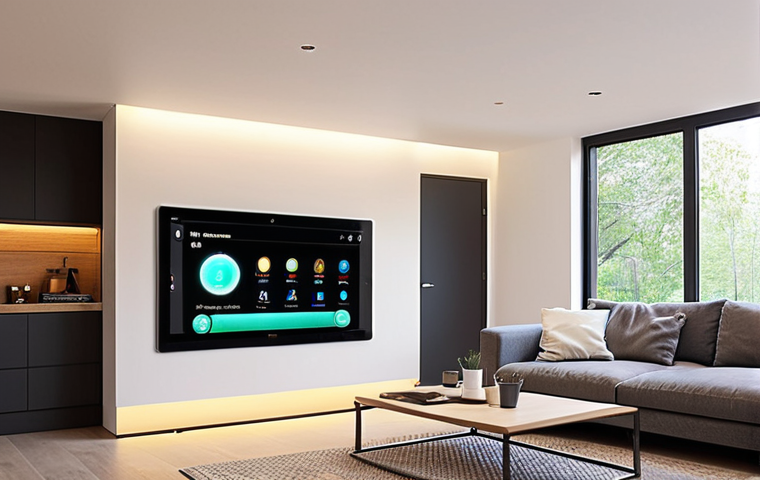 **Image:** A modern smart home interior. Show a living room with integrated smart lighting, a smart thermostat display, and voice-controlled devices. Emphasize energy efficiency with solar panel monitoring on a tablet screen. The style should be clean, minimalist, and technologically advanced.
