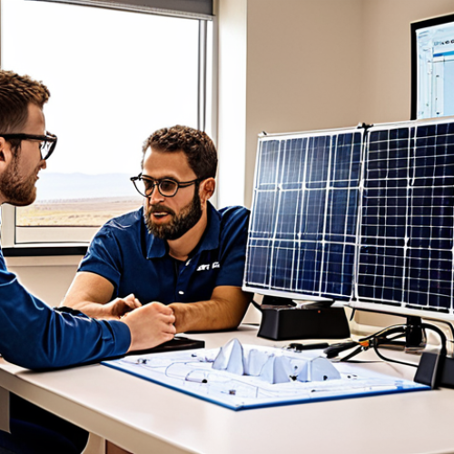 Home 9 **
"A diverse team of engineers from around the world collaborating on a solar panel project using open-source software on their laptops, with blueprints and circuit diagrams visible. The background shows a wind farm and solar array, symbolizing renewable energy. A whiteboard displays the words 'Collaboration,' 'Innovation,' and 'Sustainability'."
**