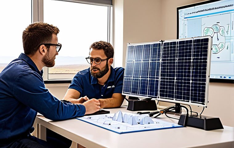 **
"A diverse team of engineers from around the world collaborating on a solar panel project using open-source software on their laptops, with blueprints and circuit diagrams visible. The background shows a wind farm and solar array, symbolizing renewable energy. A whiteboard displays the words 'Collaboration,' 'Innovation,' and 'Sustainability'."
**