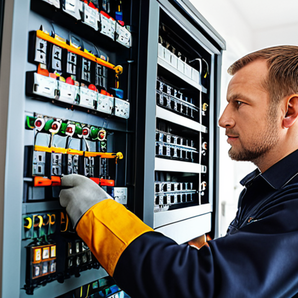 전기기사와 전기 설비 품질 관리 - Electrician Inspecting a Fuse Box**

"A professional electrician in work attire inspecting a fuse bo...