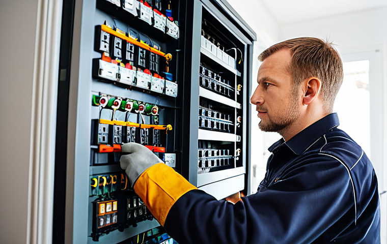 전기기사와 전기 설비 품질 관리 - Electrician Inspecting a Fuse Box**

"A professional electrician in work attire inspecting a fuse bo...