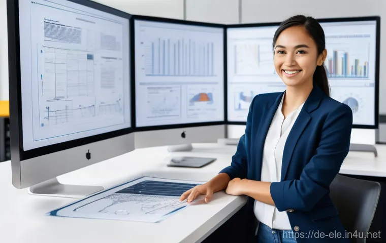 전기분야 연봉 데이터 분석 - A confident young female electrical engineer in her late 20s, wearing smart business casual attire, ...