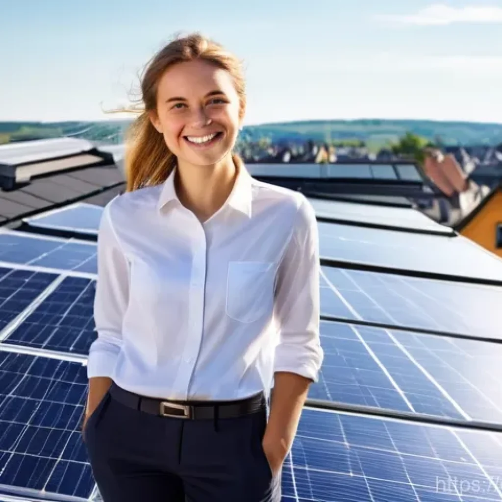 전기 자격증 취득 성공 사례 - A modern German electrician, a young woman in her late 20s, wearing clean, professional work trouser...