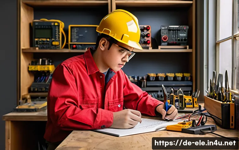 전기기사 시험 필수 참고서 추천 - **A Diligent Apprentice Immersed in Study:**
    "A young electrician apprentice, appearing to be in...