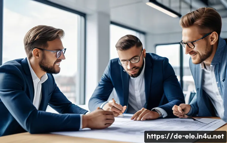 전기분야 해외 취업 성공 사례 - A professional international electrical engineering team collaborating in a modern office environmen...