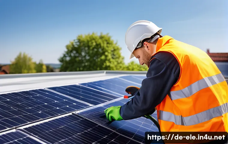 전기기사 자격증으로 창업하기 - A professional German electrician installing a modern photovoltaic solar panel system on a residenti...
