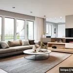 전기공사기사와 전기 설비의 업그레이드 - A modern German apartment living room featuring an intelligent KNX smart home system controlling lig...