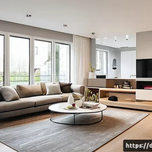 전기공사기사와 전기 설비의 업그레이드 - A modern German apartment living room featuring an intelligent KNX smart home system controlling lig...
