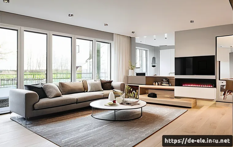 전기공사기사와 전기 설비의 업그레이드 - A modern German apartment living room featuring an intelligent KNX smart home system controlling lig...