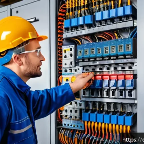 전기공사기사와 전기 설비 시공 경험 - A detailed, realistic indoor scene of a professional German electrician wearing safety gear and bran...