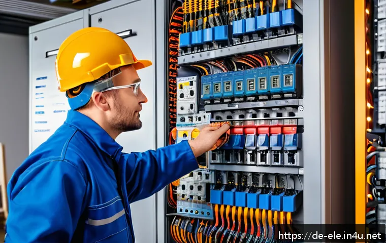 전기공사기사와 전기 설비 시공 경험 - A detailed, realistic indoor scene of a professional German electrician wearing safety gear and bran...