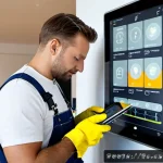 전기기사와 스마트 홈 시스템 설계 - Photorealistic German electrician designing a smart home system in a modern Berlin apartment, wearin...