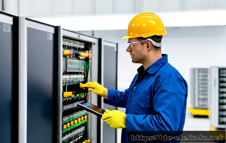Home 17 전기공사기사와 스마트 공장 기술 - Photorealistic German industrial electrician in protective workwear and safety helmet inspecting an ...