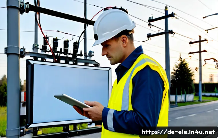 Home 30 전기공사기사와 배전망 관리 - Photorealistic German electrical engineer in high-visibility workwear and safety helmet inspecting a...